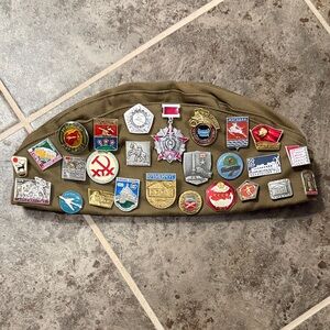 Vintage USSR Military Garrison Cap with Soviet Znachki Pins